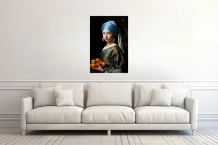 Woman portrait with blue silk turban, brocade dress, and jeweled earrings