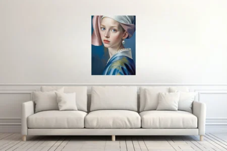 Classical-style portrait of a figure with pearl earring, blue tones, painterly finish