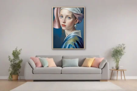Classical-style portrait of a figure with pearl earring, blue tones, painterly finish