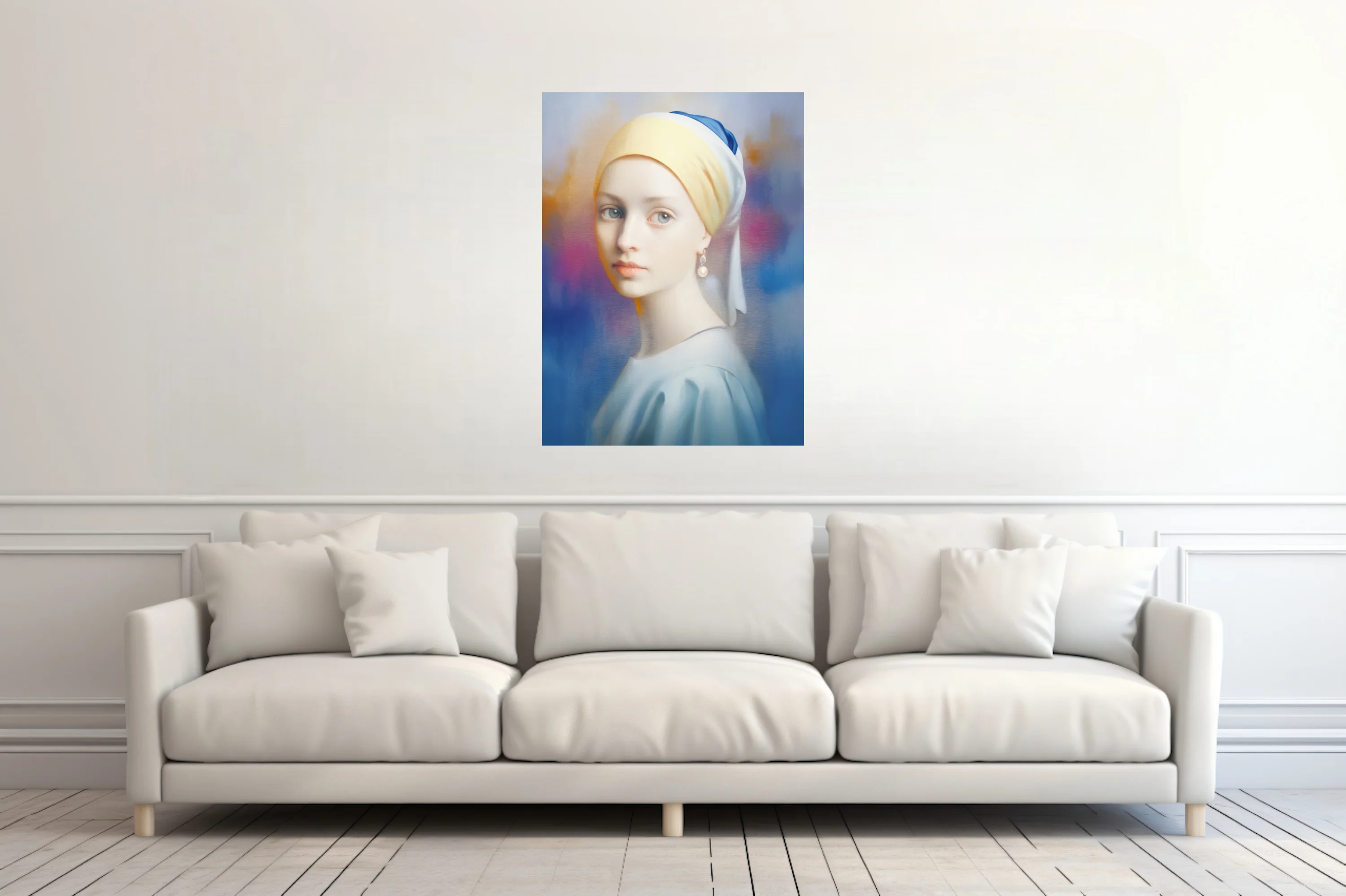 Soft-focus portrait of a girl with pearl earring and yellow turban, dreamy blue and magenta background