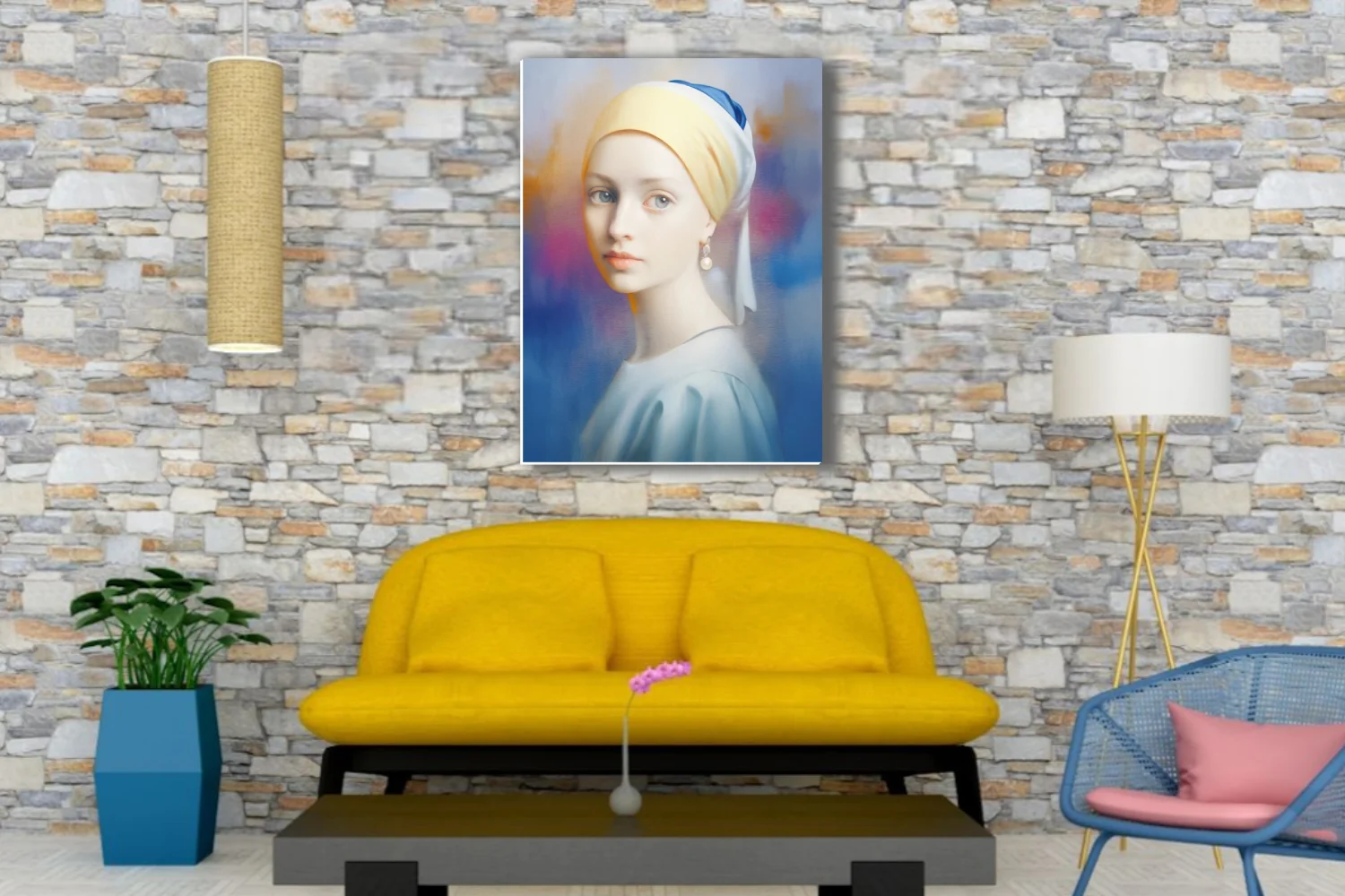 Soft-focus portrait of a girl with pearl earring and yellow turban, dreamy blue and magenta background