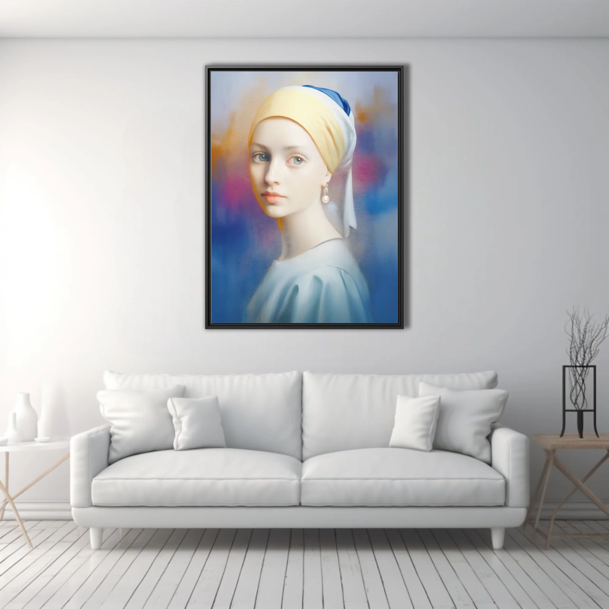 Soft-focus portrait of a girl with pearl earring and yellow turban, dreamy blue and magenta background