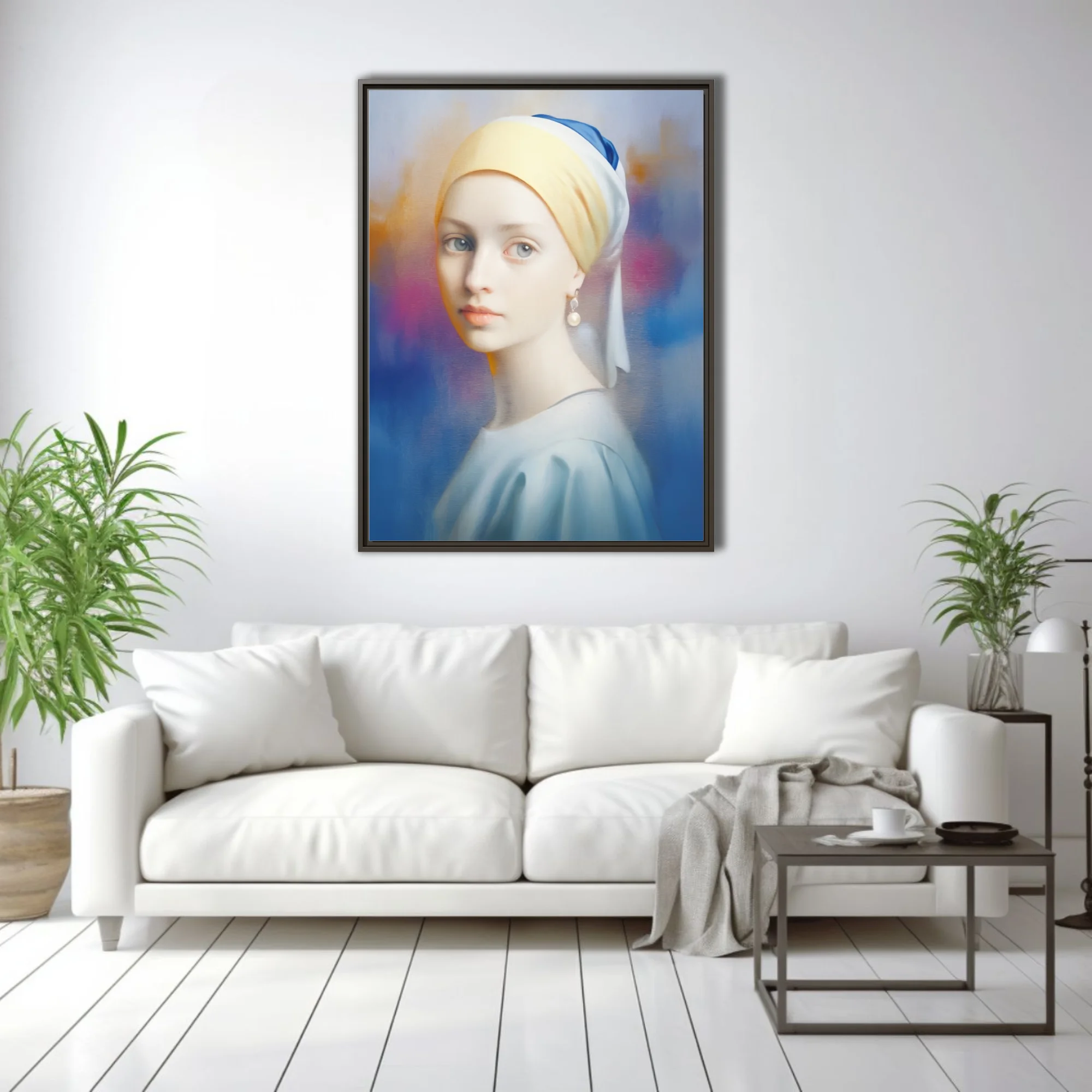 Soft-focus portrait of a girl with pearl earring and yellow turban, dreamy blue and magenta background