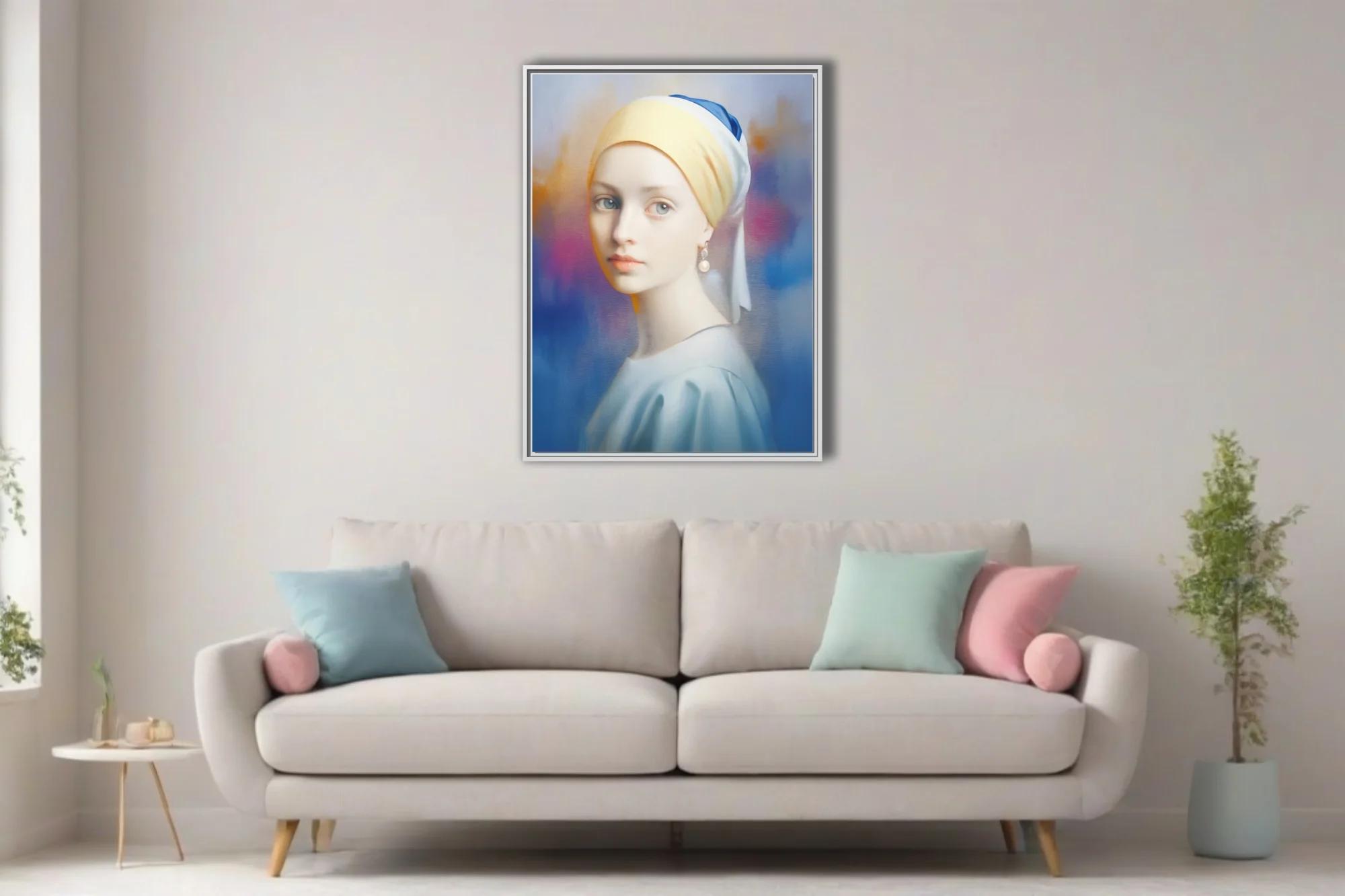 Soft-focus portrait of a girl with pearl earring and yellow turban, dreamy blue and magenta background