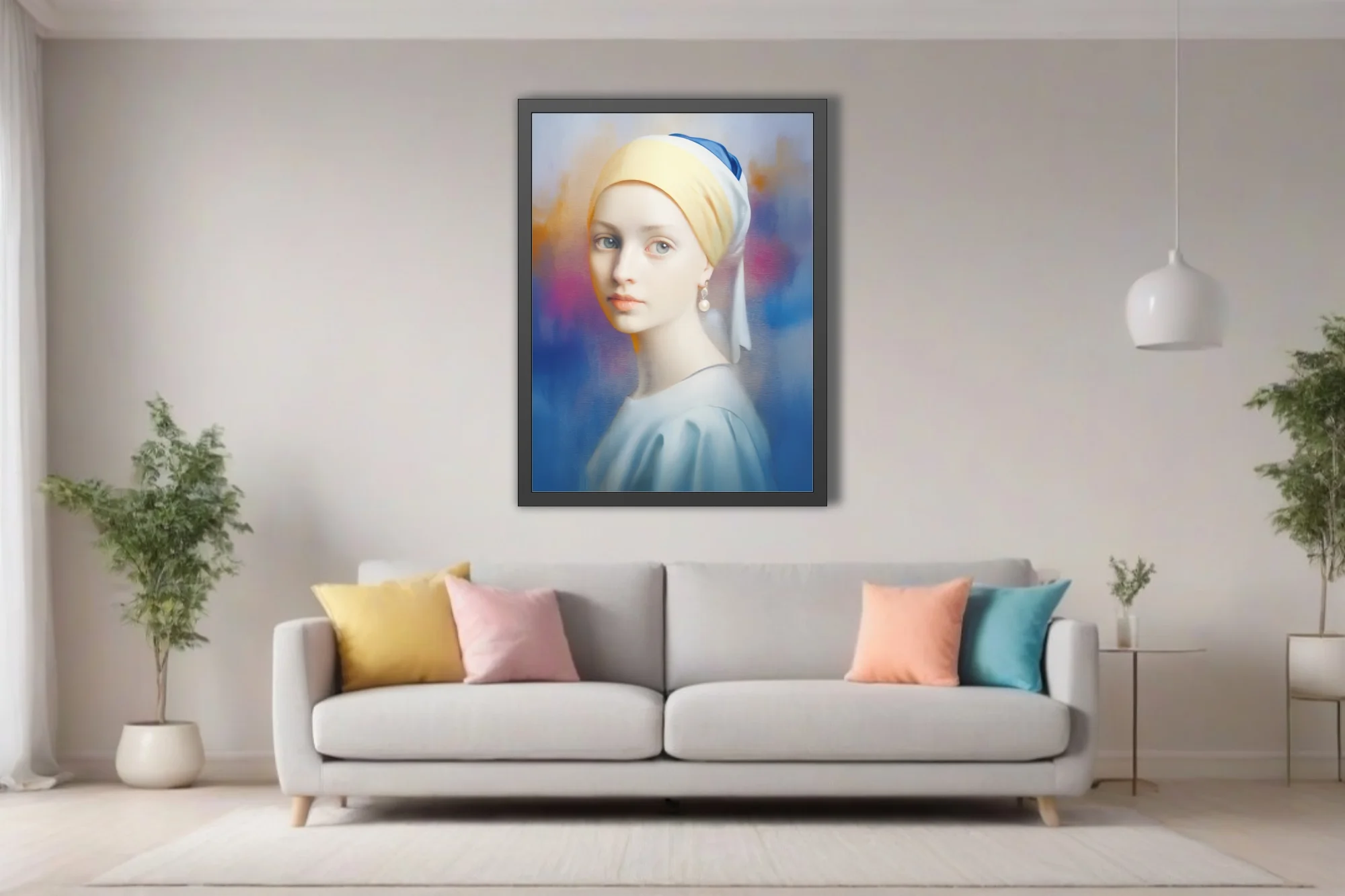 Soft-focus portrait of a girl with pearl earring and yellow turban, dreamy blue and magenta background