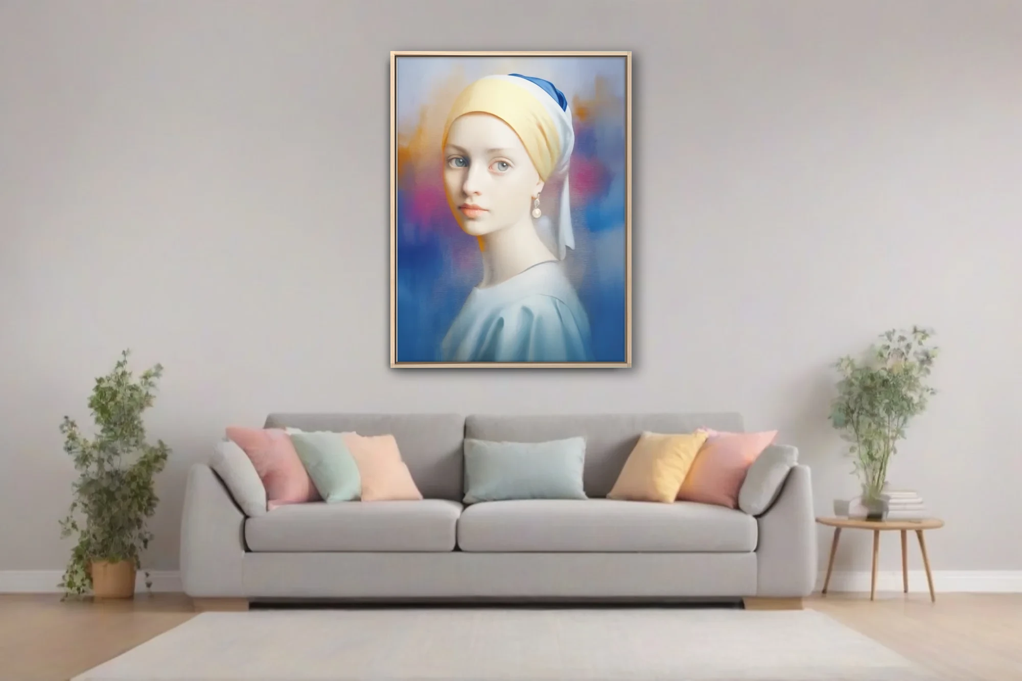 Soft-focus portrait of a girl with pearl earring and yellow turban, dreamy blue and magenta background