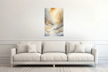 Watercolor-style golden winter forest landscape, soft snow and glowing warm light