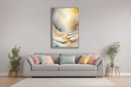 Watercolor-style golden winter landscape with snow-laden trees and glowing warm light