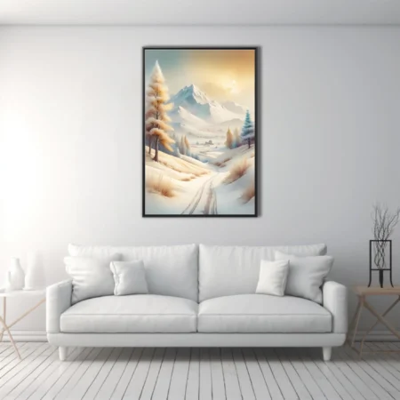 Watercolor-style winter landscape with snow-capped mountains, golden trees, and soft pastel tones