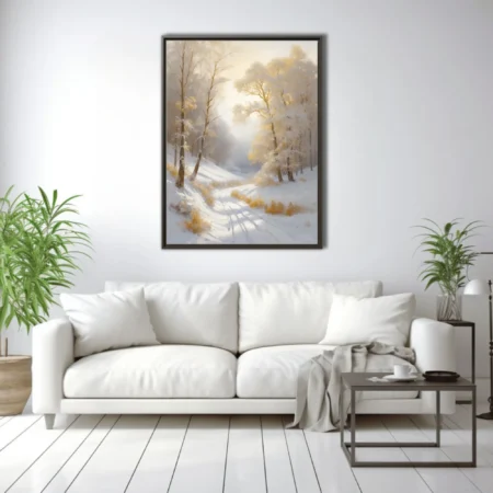 Golden winter landscape with snowy path and frosted trees in luminous white and gold art