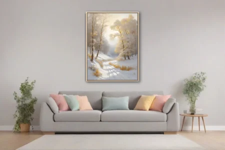 Golden winter landscape with snowy path and frosted trees in luminous white and gold art