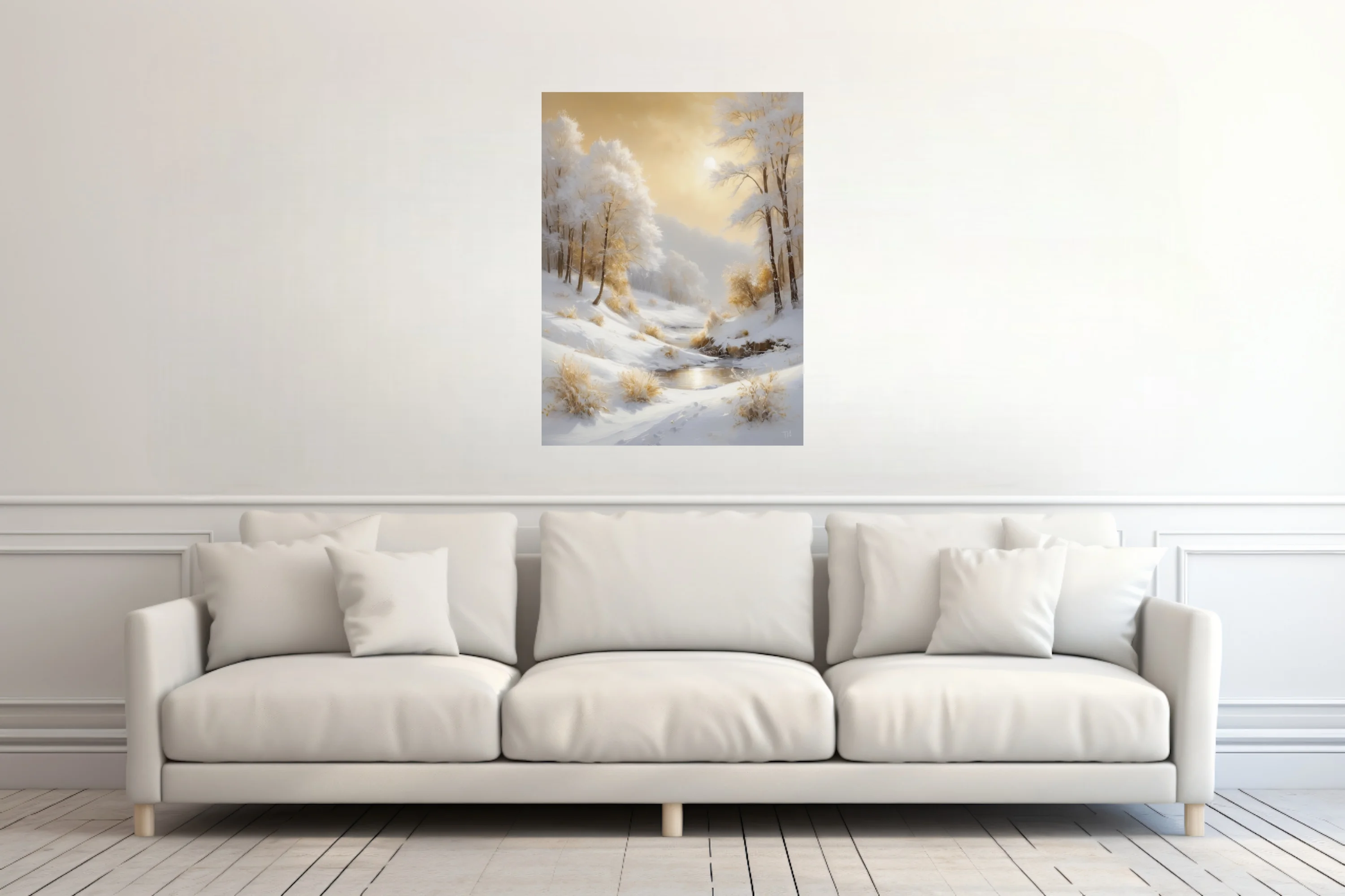Golden winter landscape with snowy hills, frosted trees, and warm amber sunlight in soft style.