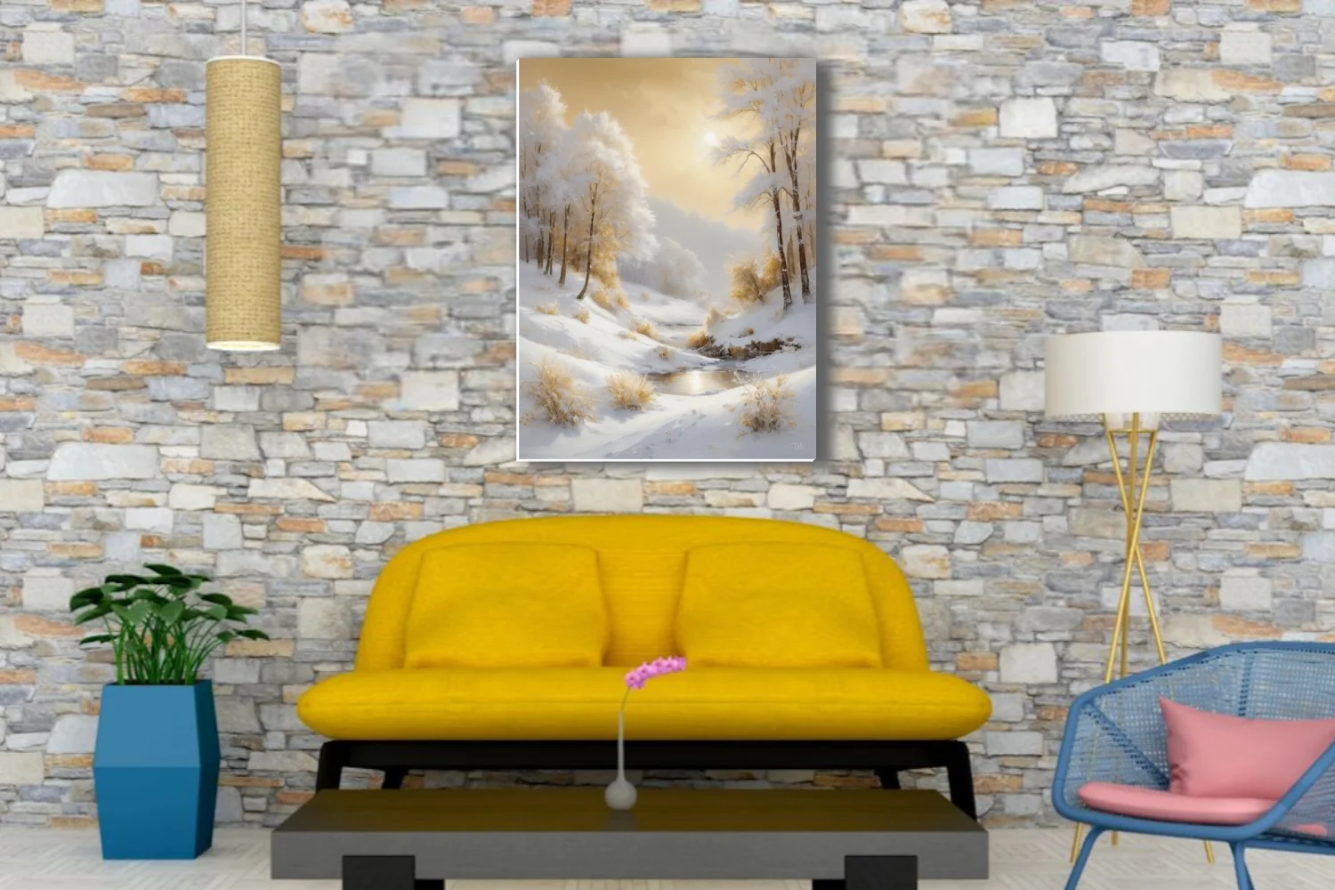 Golden winter landscape with snowy hills, frosted trees, and warm amber sunlight in soft style.
