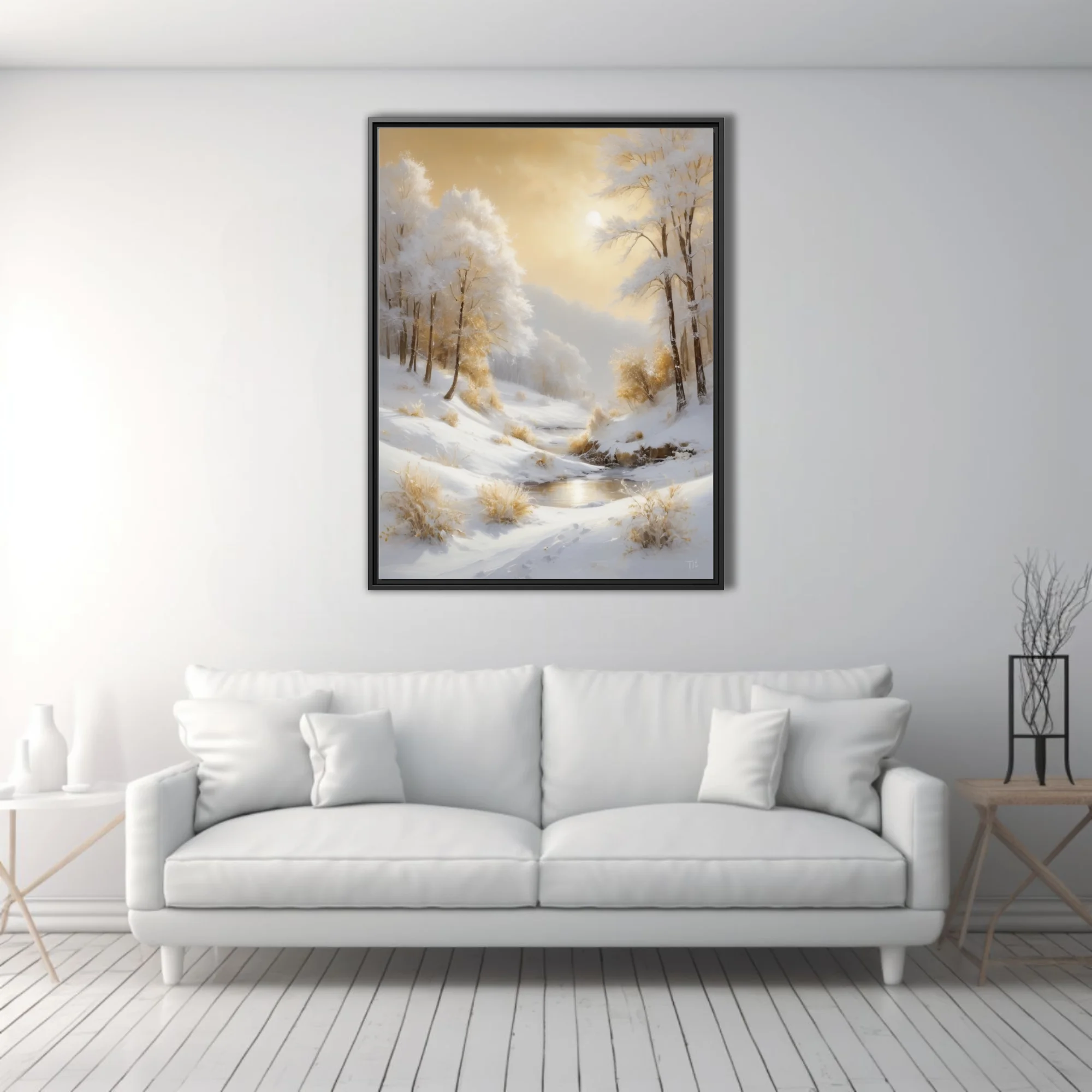 Golden winter landscape with snowy hills, frosted trees, and warm amber sunlight in soft style.