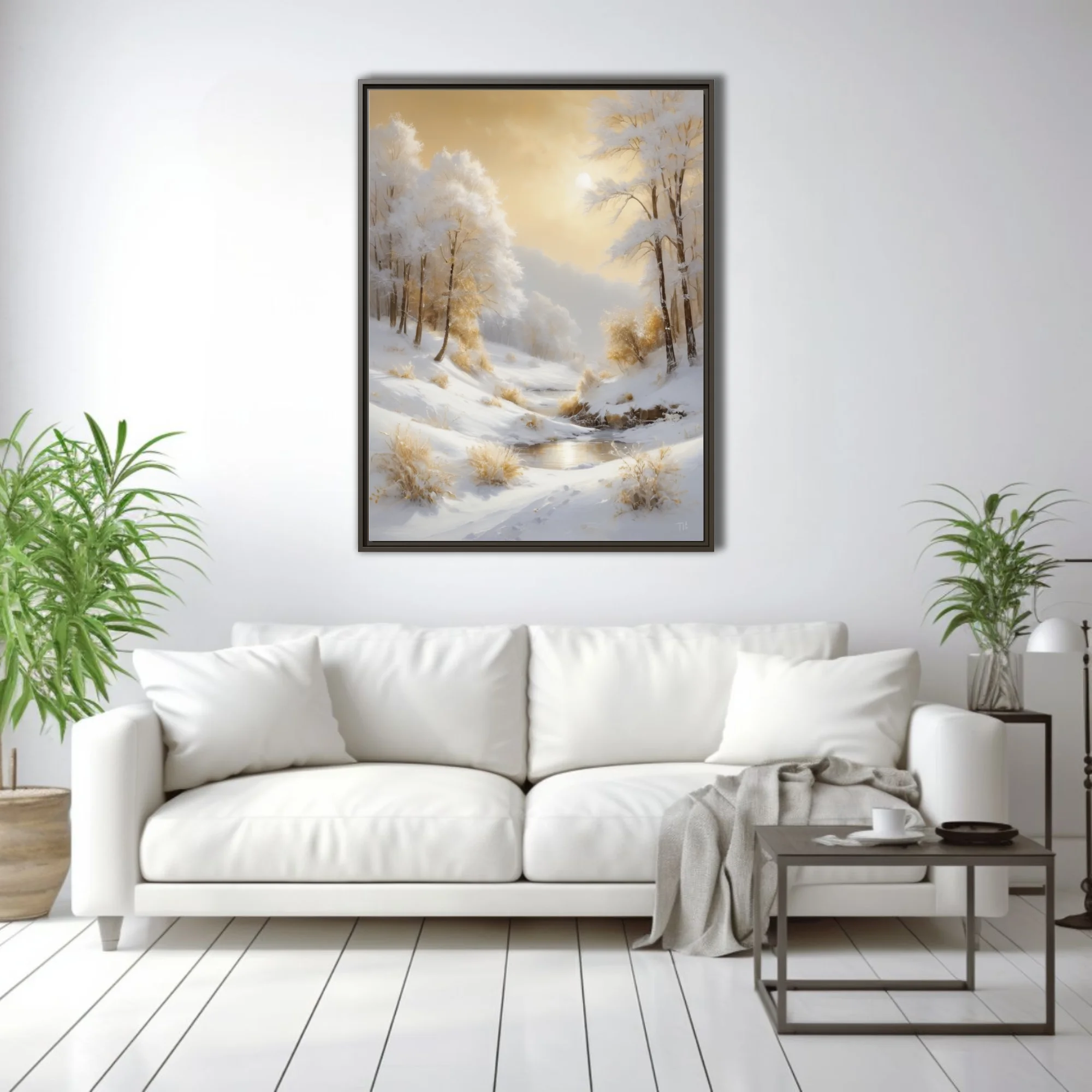 Golden winter landscape with snowy hills, frosted trees, and warm amber sunlight in soft style.
