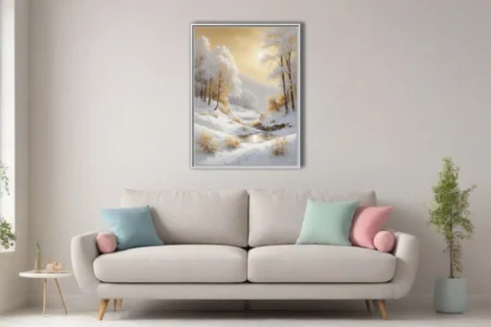 Golden winter landscape with snowy hills, frosted trees, and warm amber sunlight in soft style.