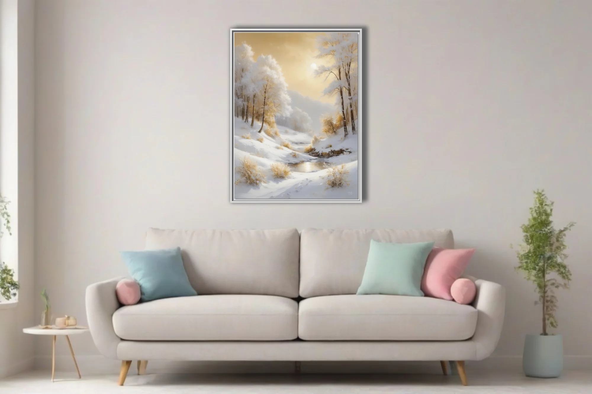 Golden winter landscape with snowy hills, frosted trees, and warm amber sunlight in soft style.