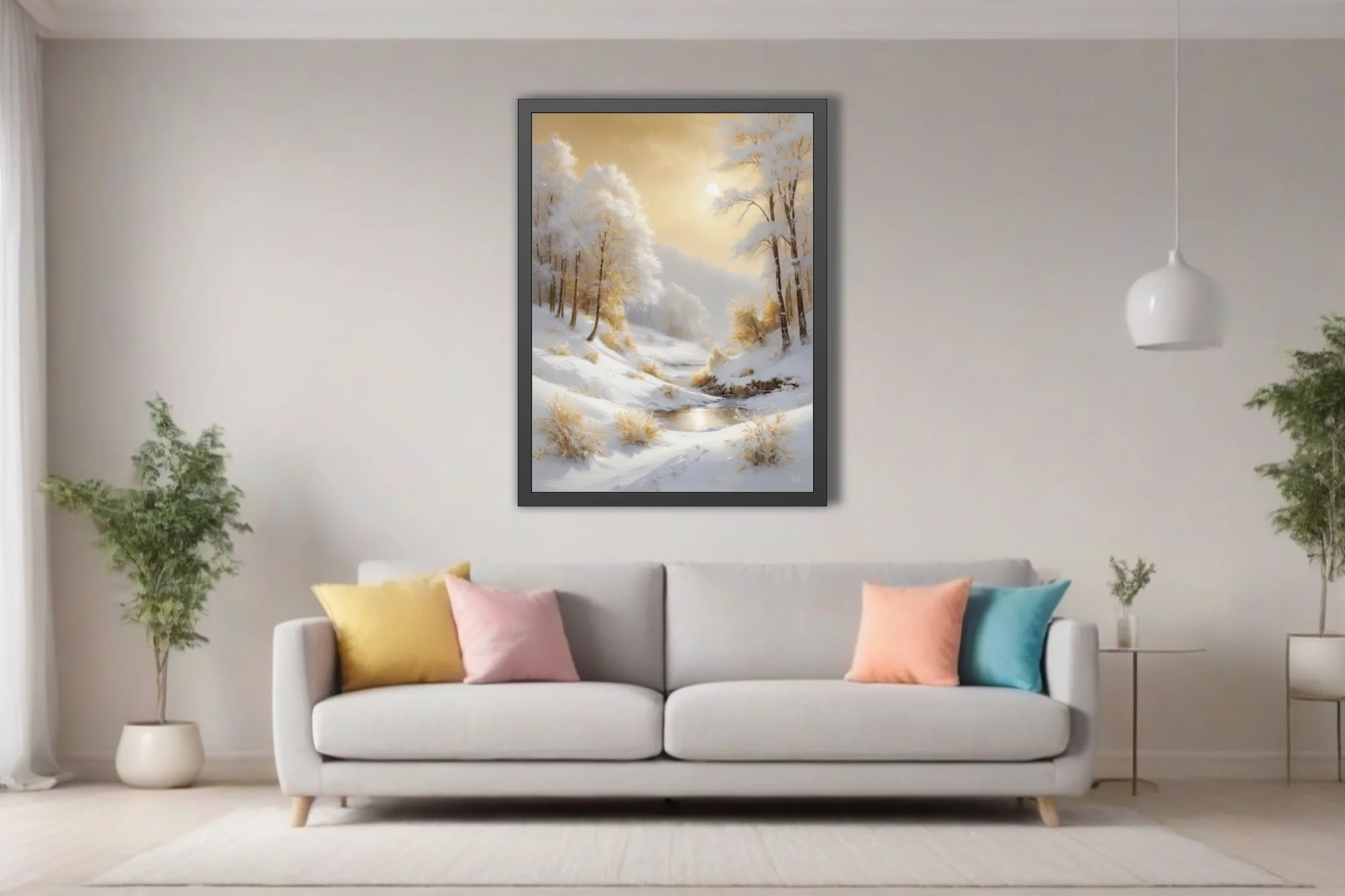 Golden winter landscape with snowy hills, frosted trees, and warm amber sunlight in soft style.