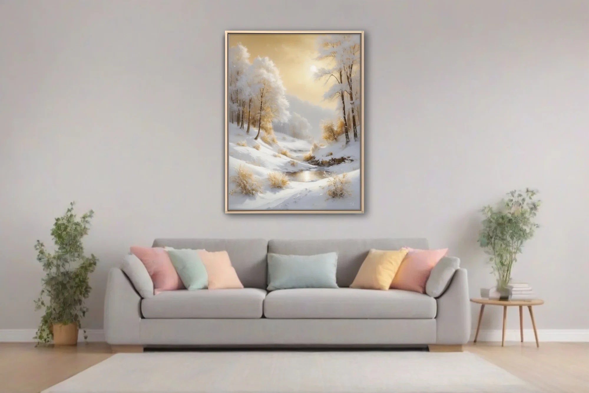 Golden winter landscape with snowy hills, frosted trees, and warm amber sunlight in soft style.