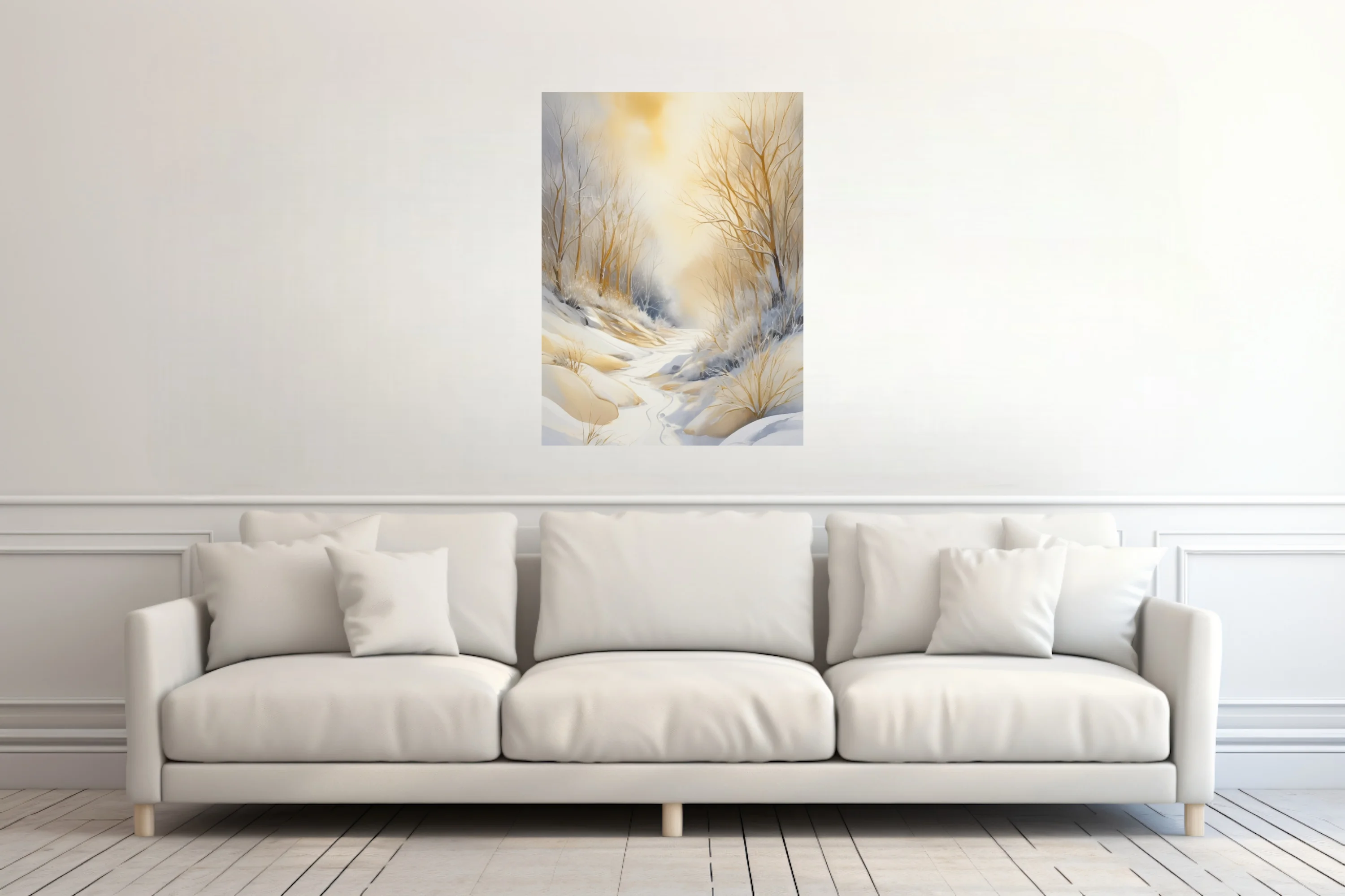 Golden winter forest landscape watercolor-style art, warm amber tones and snow