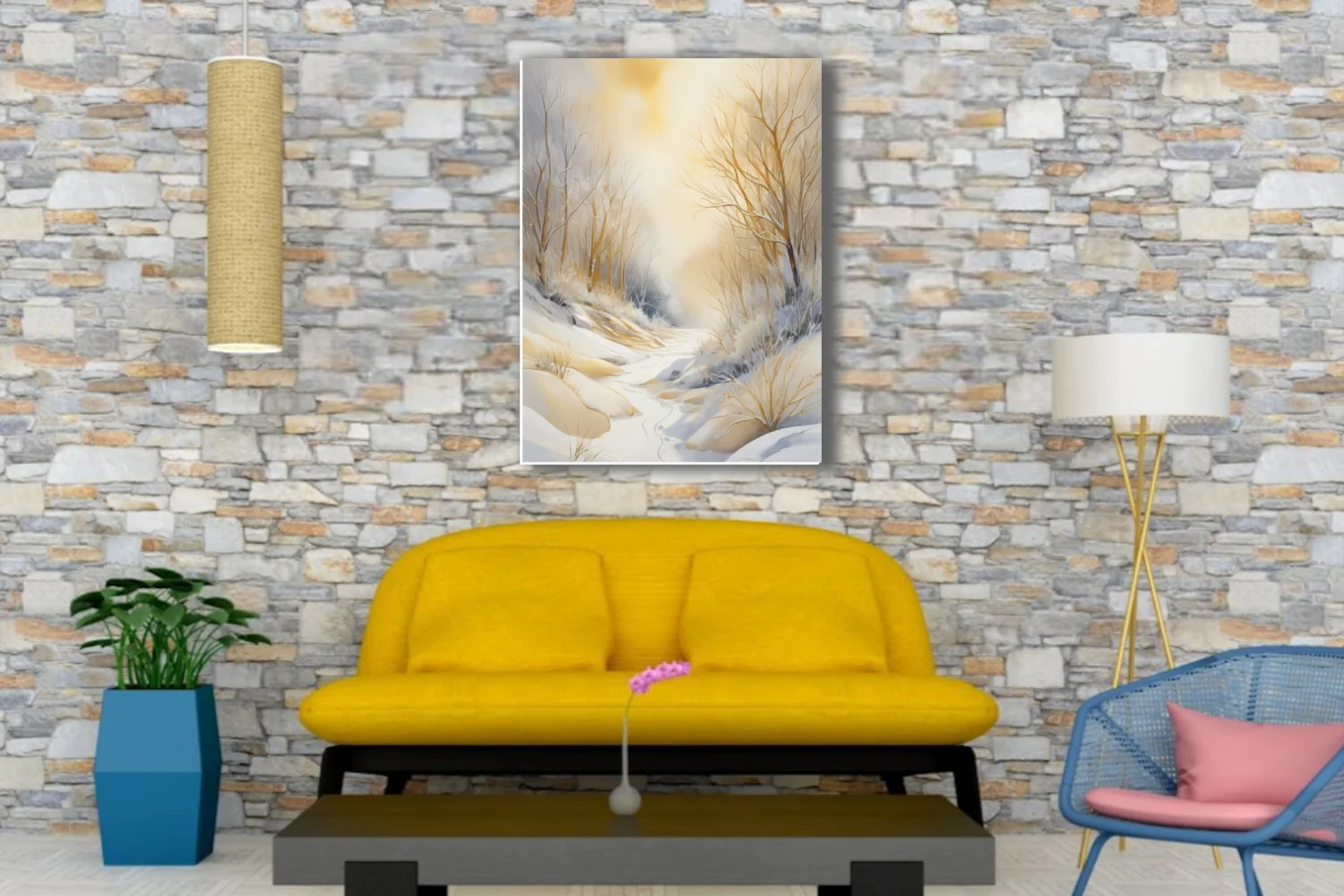Golden winter forest landscape watercolor-style art, warm amber tones and snow