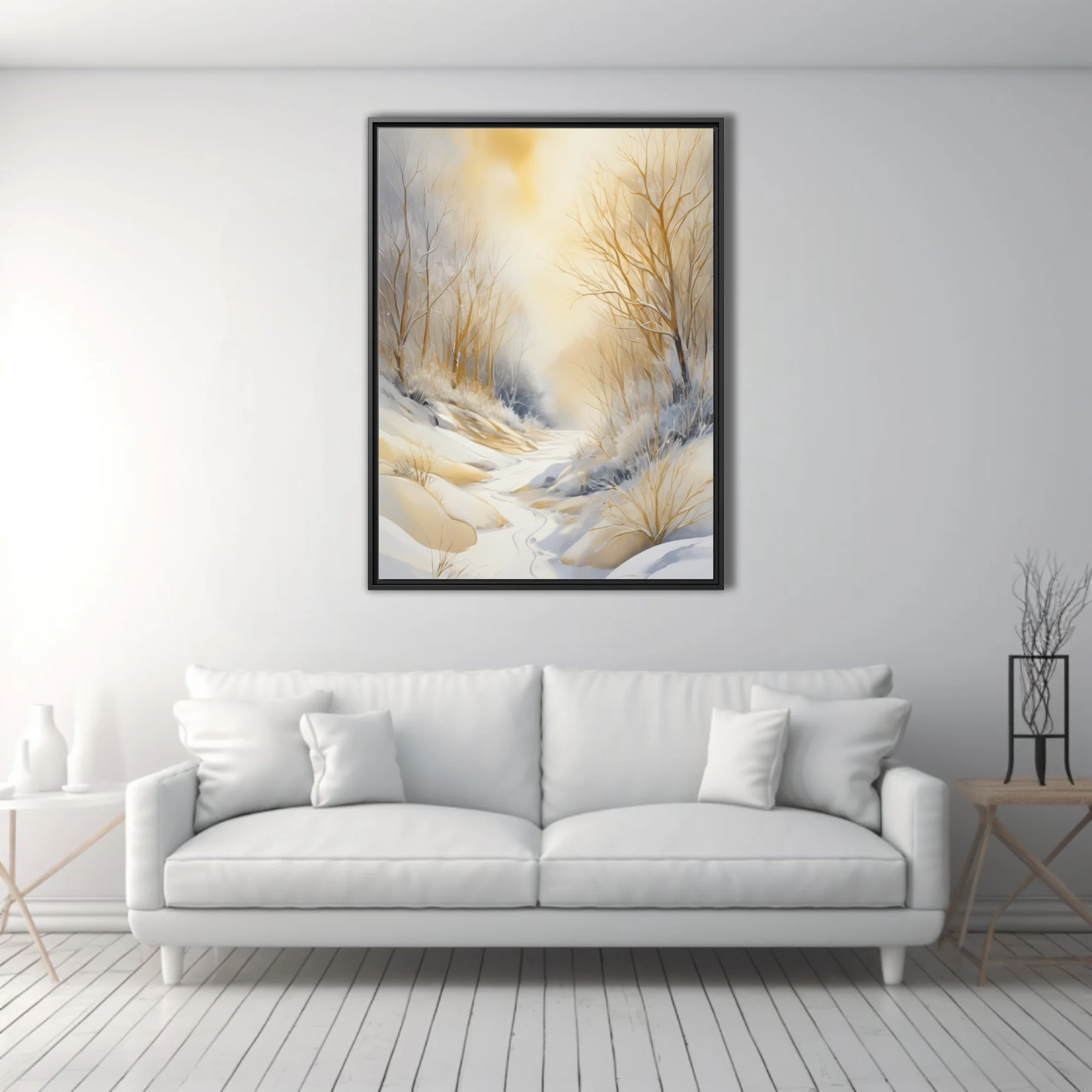 Golden winter forest landscape watercolor-style art, warm amber tones and snow