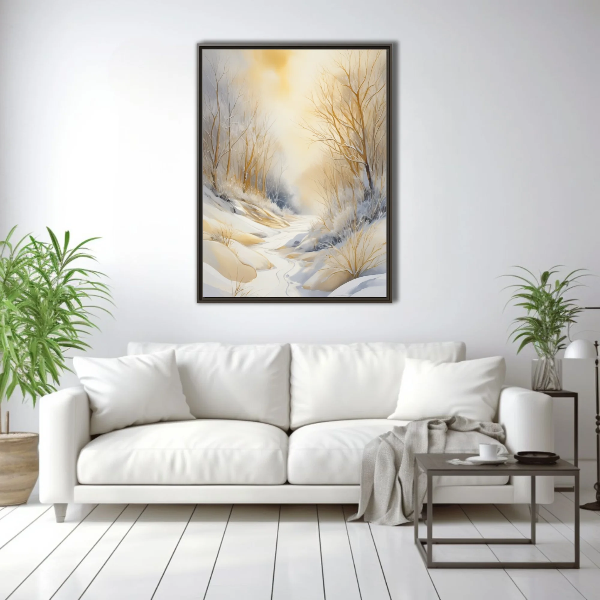 Golden winter forest landscape watercolor-style art, warm amber tones and snow