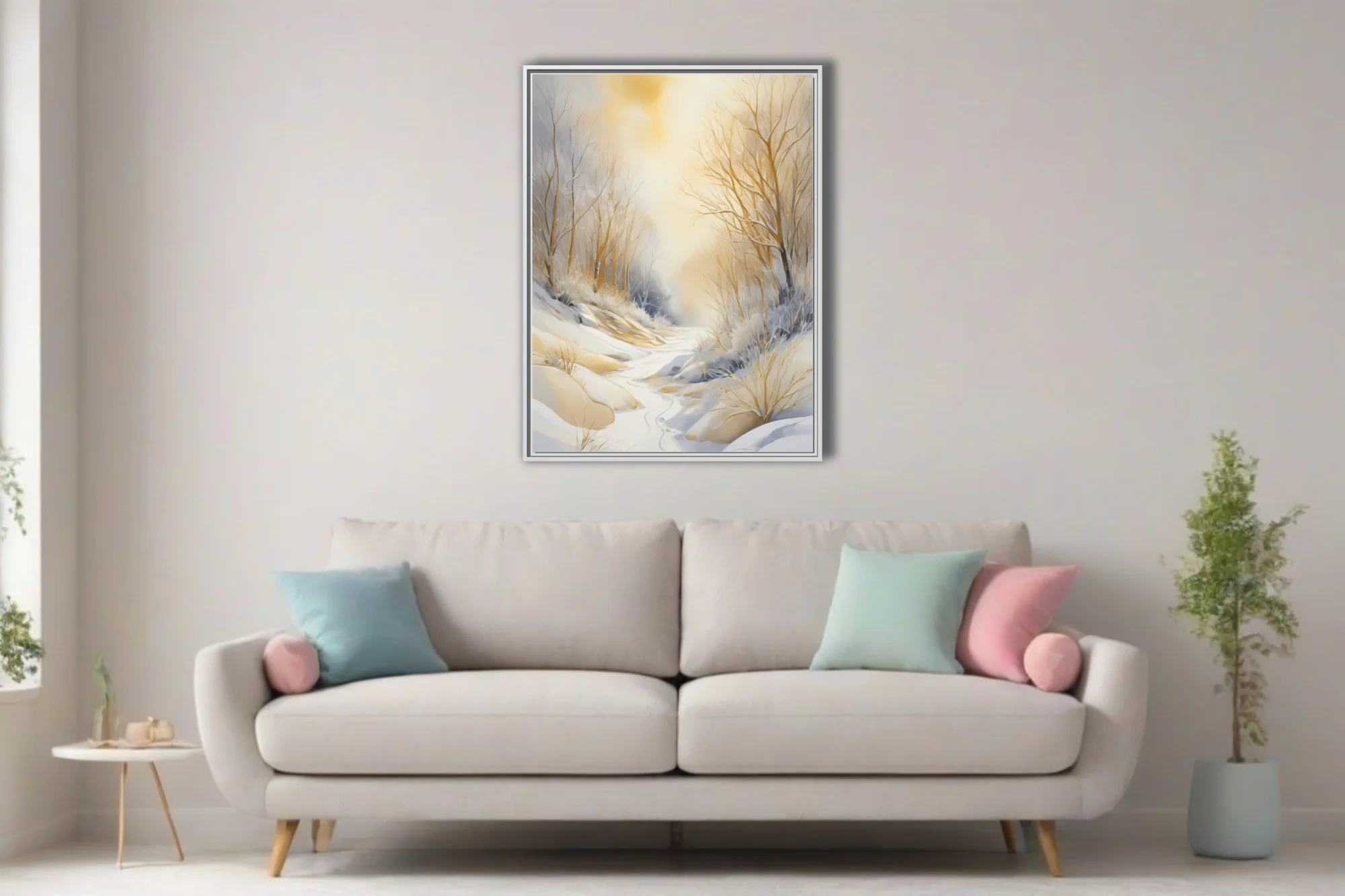 Golden winter forest landscape watercolor-style art, warm amber tones and snow