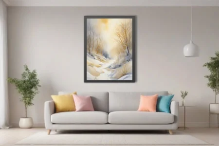 Golden winter forest landscape watercolor-style art, warm amber tones and snow