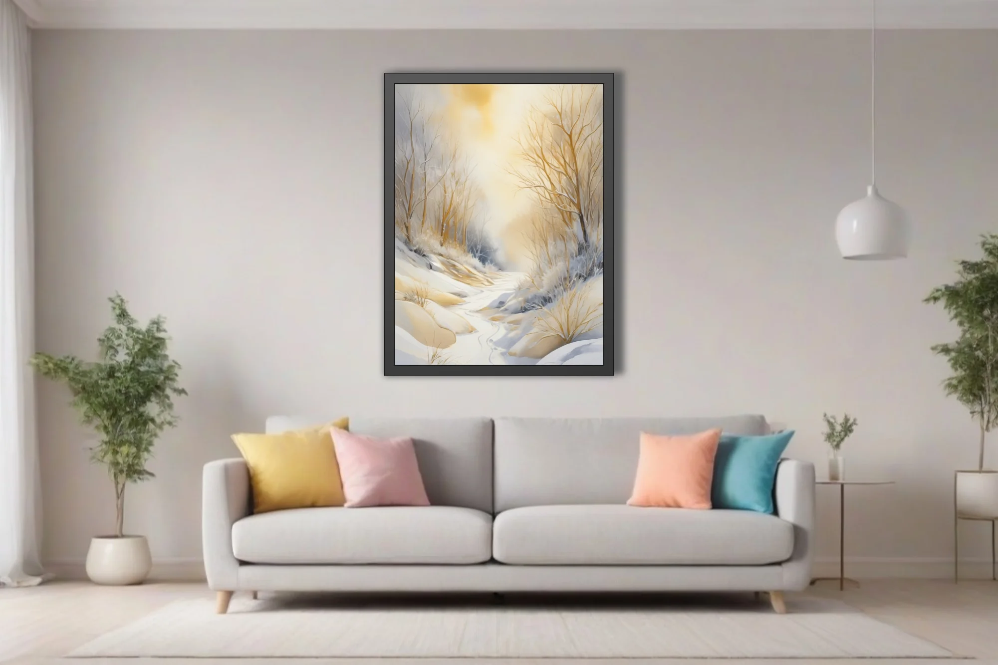 Golden winter forest landscape watercolor-style art, warm amber tones and snow