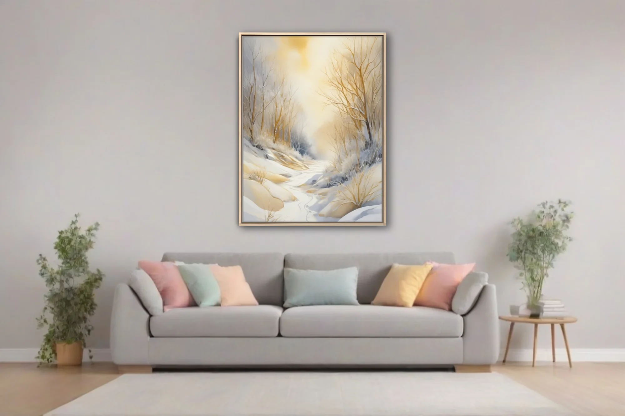 Golden winter forest landscape watercolor-style art, warm amber tones and snow