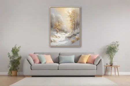 Golden winter woodland with snowy path, mist, and gilded trees in luminous landscape art