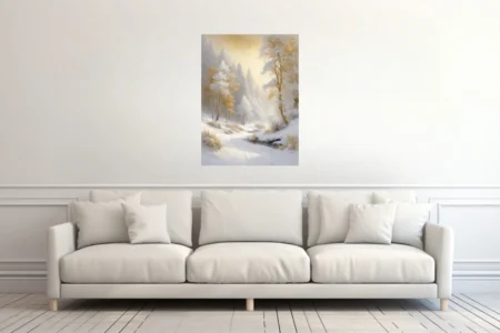 Golden winter forest landscape with snowy pines and misty light in cream and ivory, wall art
