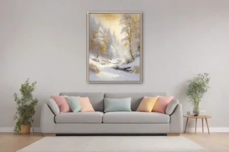 Golden winter forest landscape with snowy pines and misty light in cream and ivory, wall art