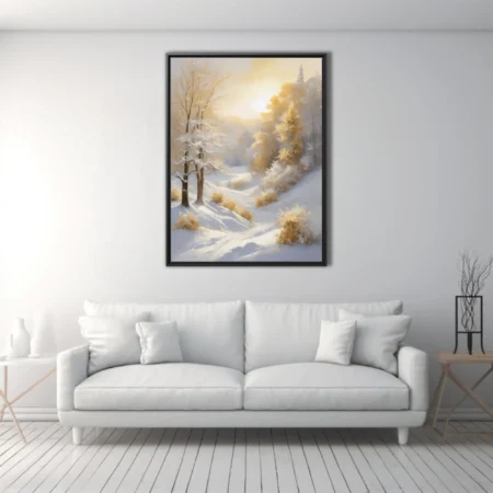 Golden winter landscape with snow, frosted trees and glowing sunlight in soft washes