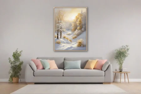 Golden winter landscape with snow, frosted trees and glowing sunlight in soft washes