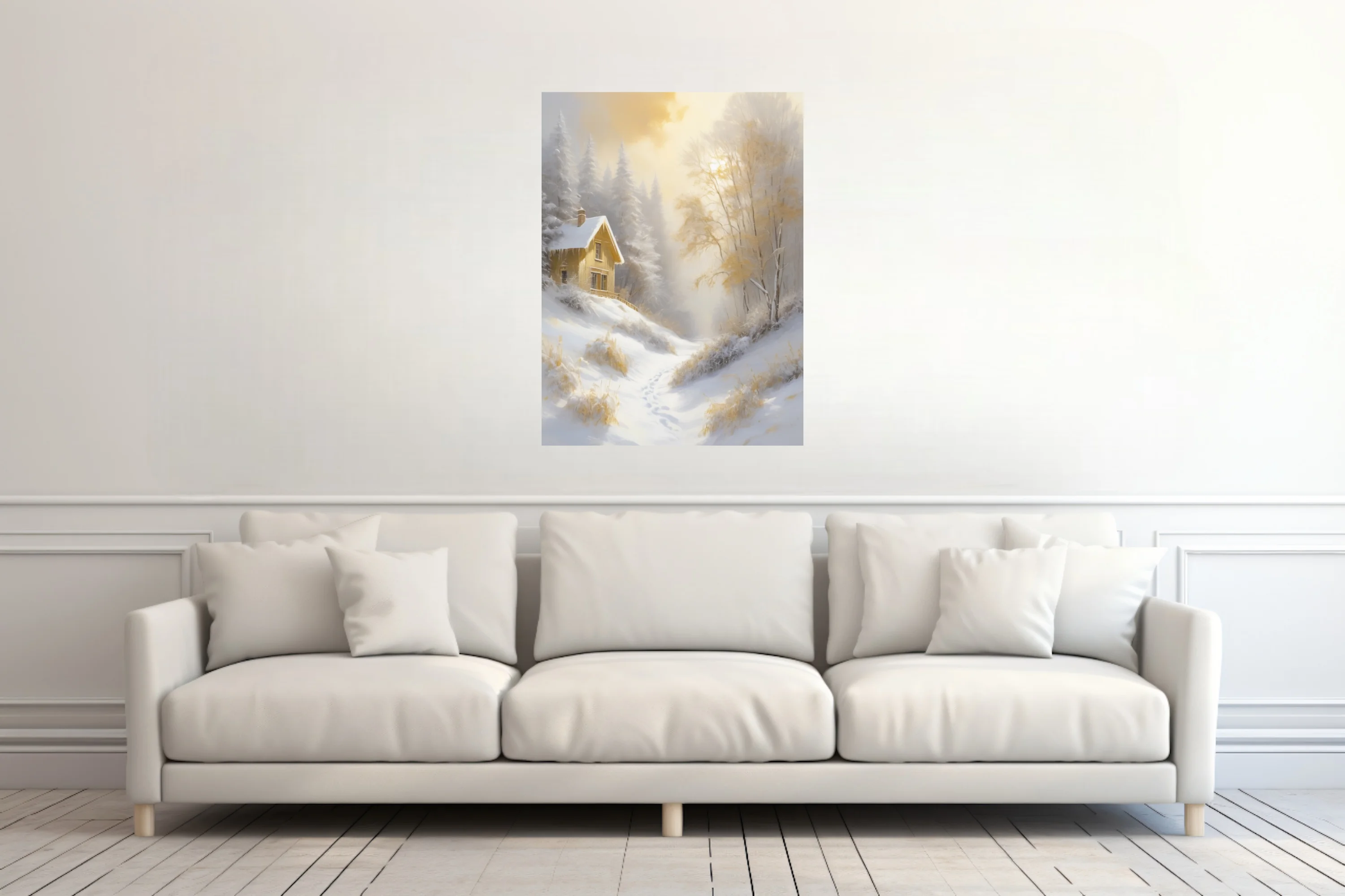 Golden winter landscape with snowy cottage, frosted trees, and misty sunlight in soft-focus style
