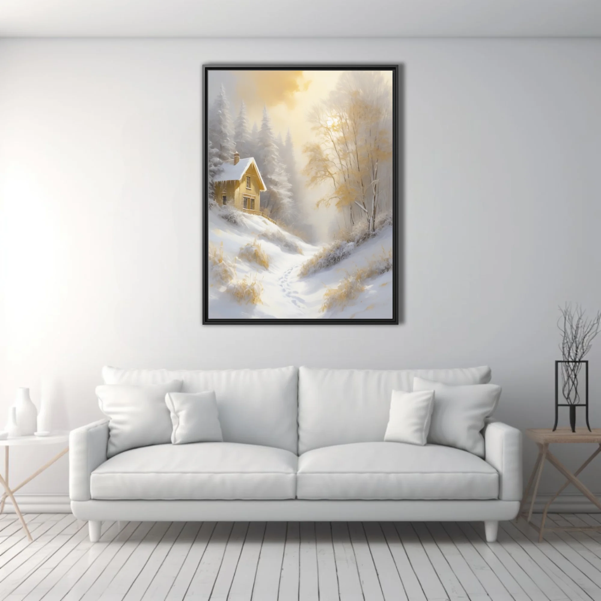 Golden winter landscape with snowy cottage, frosted trees, and misty sunlight in soft-focus style