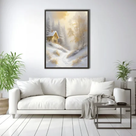 Golden winter landscape with snowy cottage, frosted trees, and misty sunlight in soft-focus style