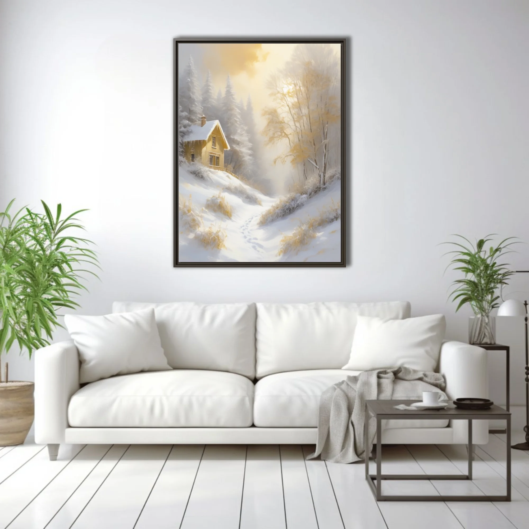 Golden winter landscape with snowy cottage, frosted trees, and misty sunlight in soft-focus style