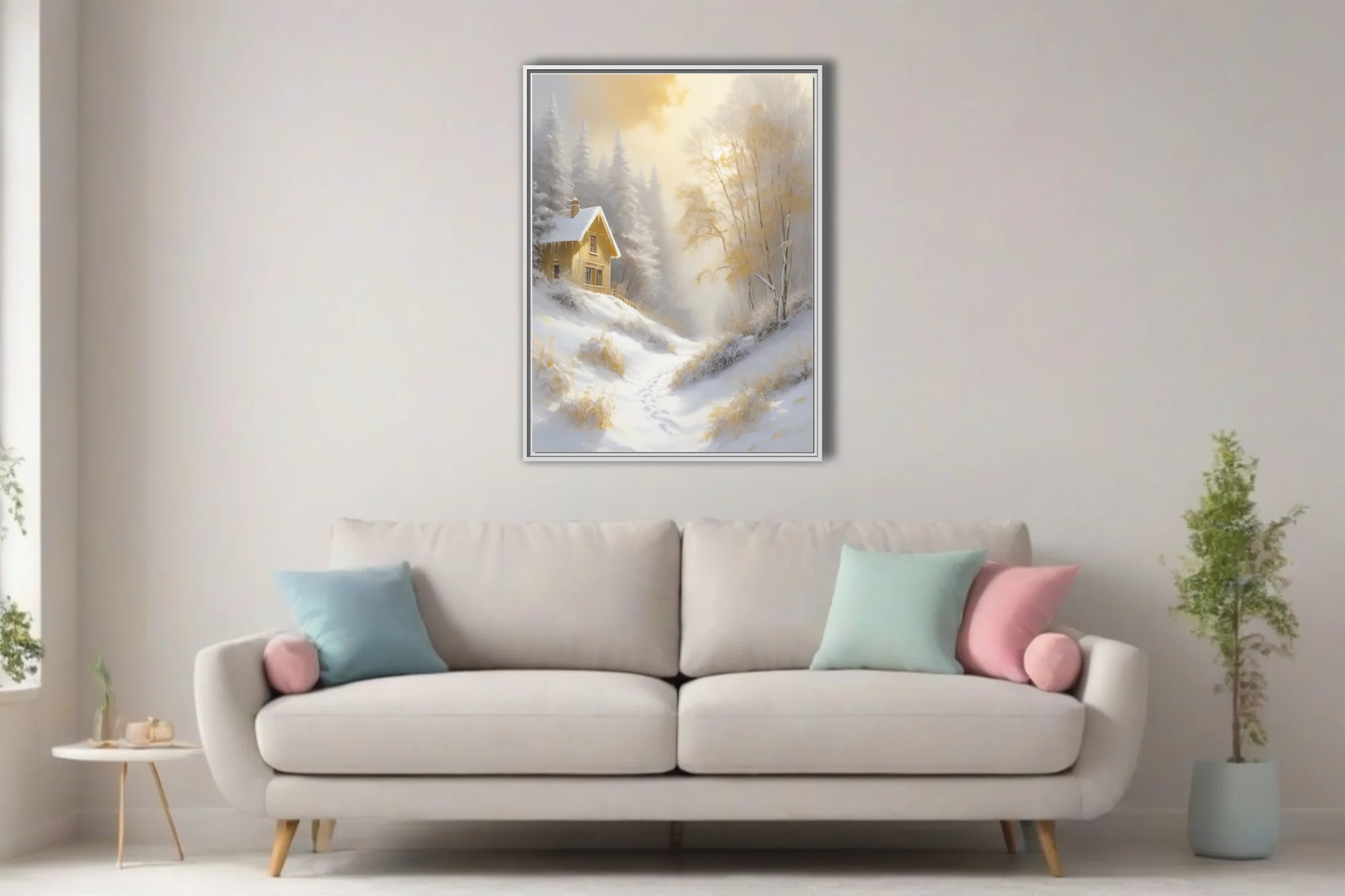 Golden winter landscape with snowy cottage, frosted trees, and misty sunlight in soft-focus style