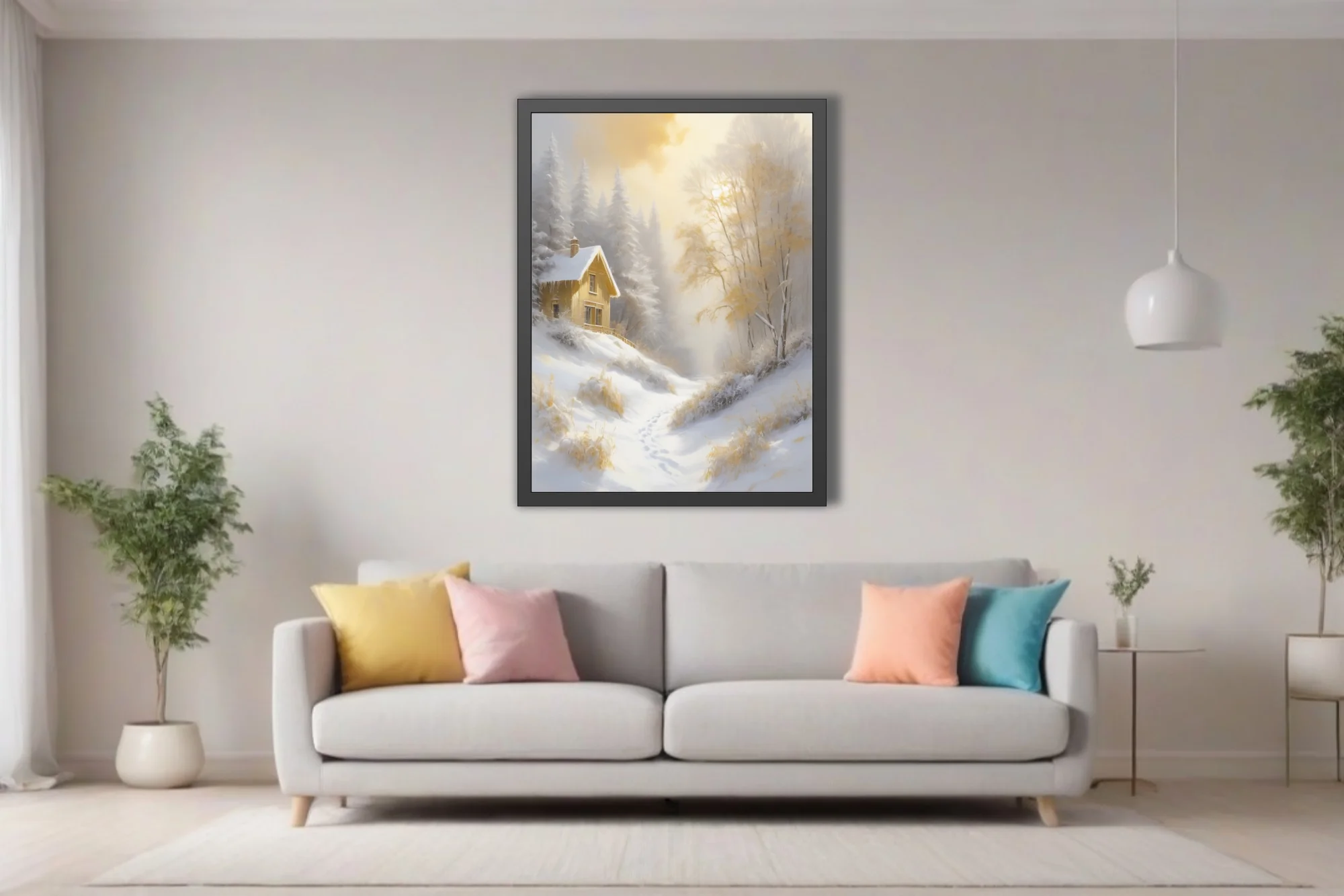 Golden winter landscape with snowy cottage, frosted trees, and misty sunlight in soft-focus style