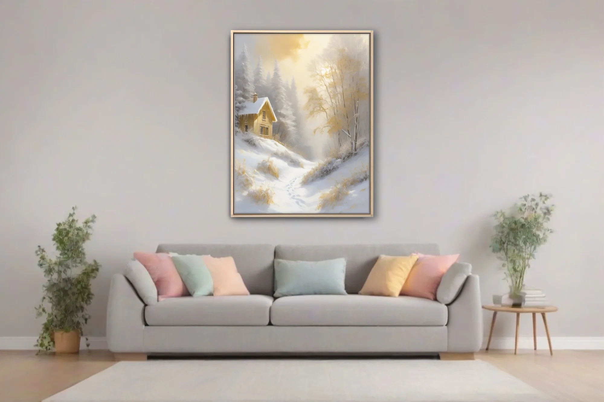Golden winter landscape with snowy cottage, frosted trees, and misty sunlight in soft-focus style