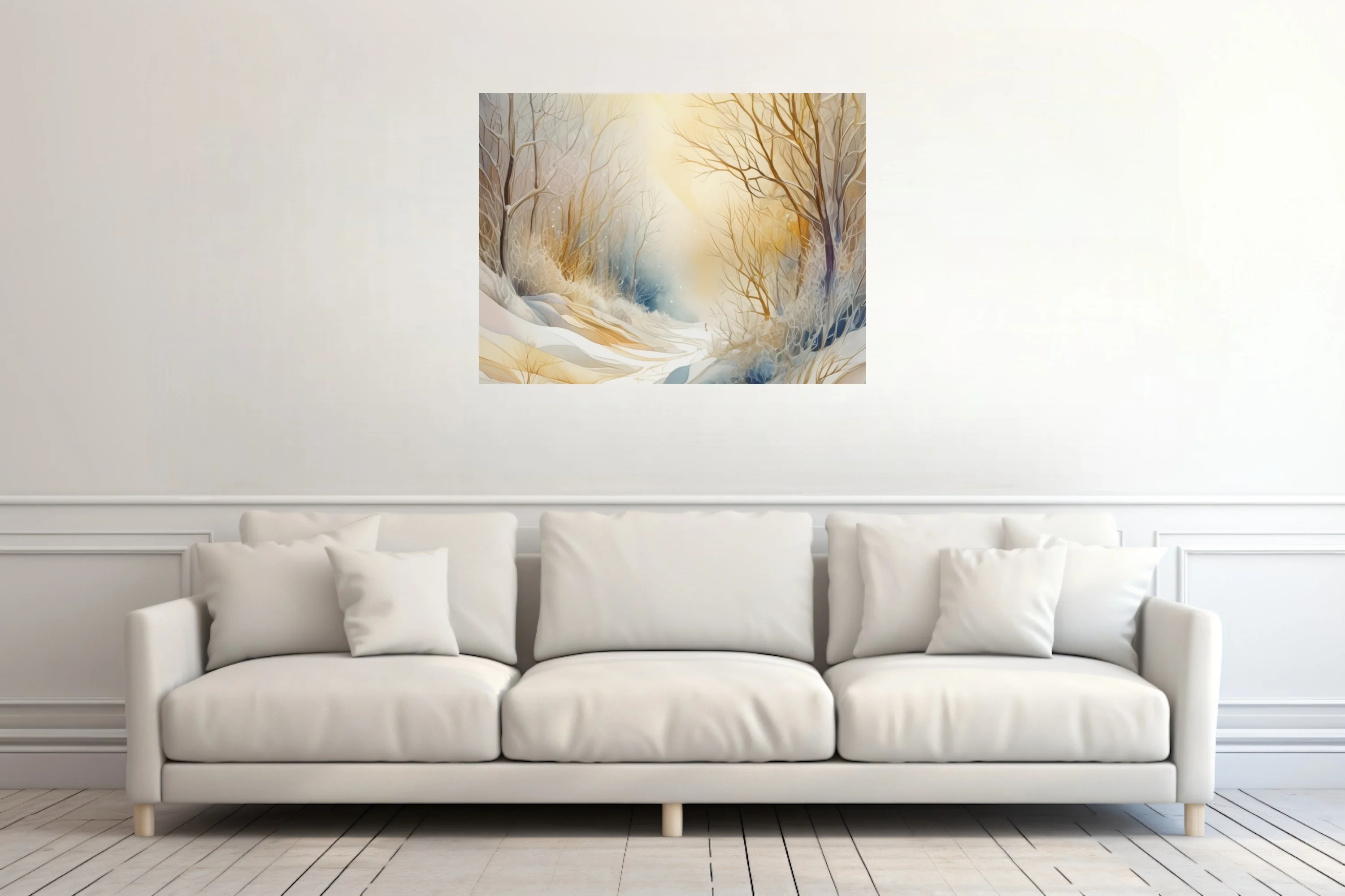 Watercolor-style winter forest with bare branches, golden glow, and snow in soft ivory tones