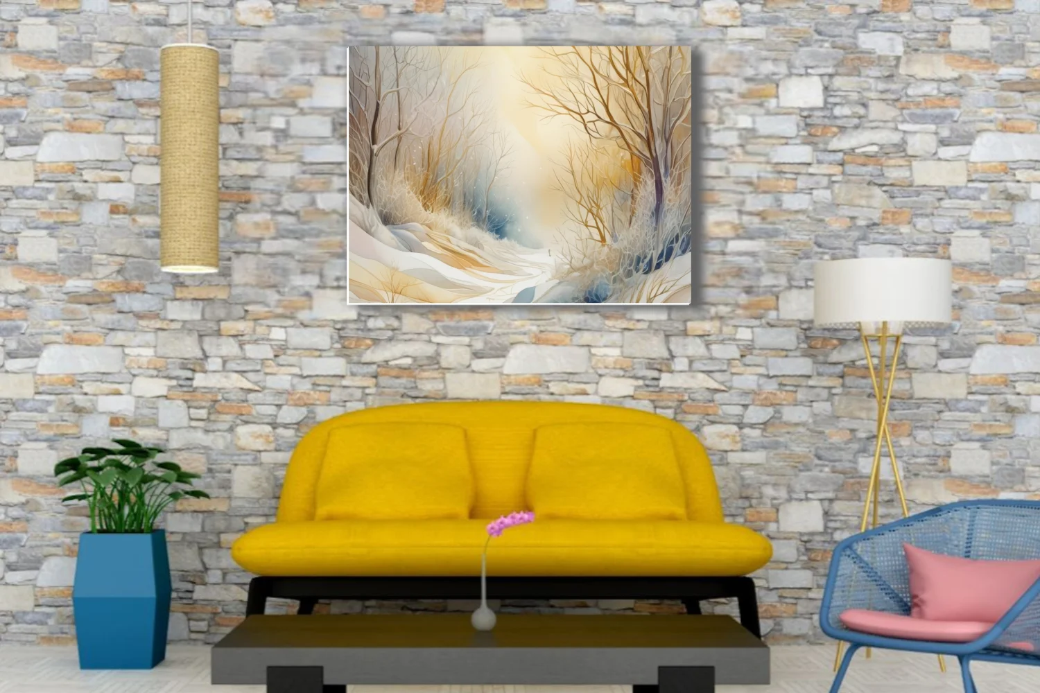 Watercolor-style winter forest with bare branches, golden glow, and snow in soft ivory tones
