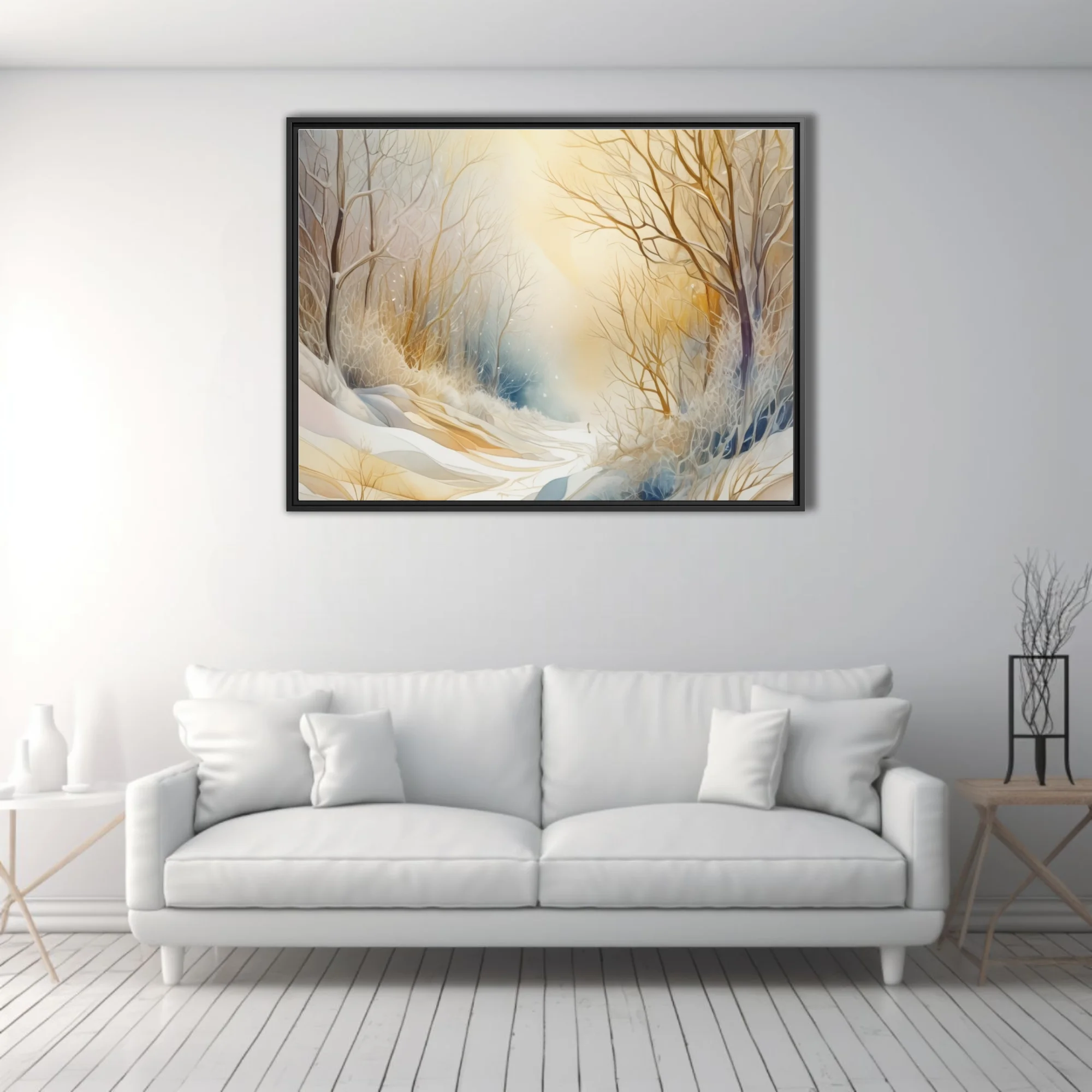 Watercolor-style winter forest with bare branches, golden glow, and snow in soft ivory tones