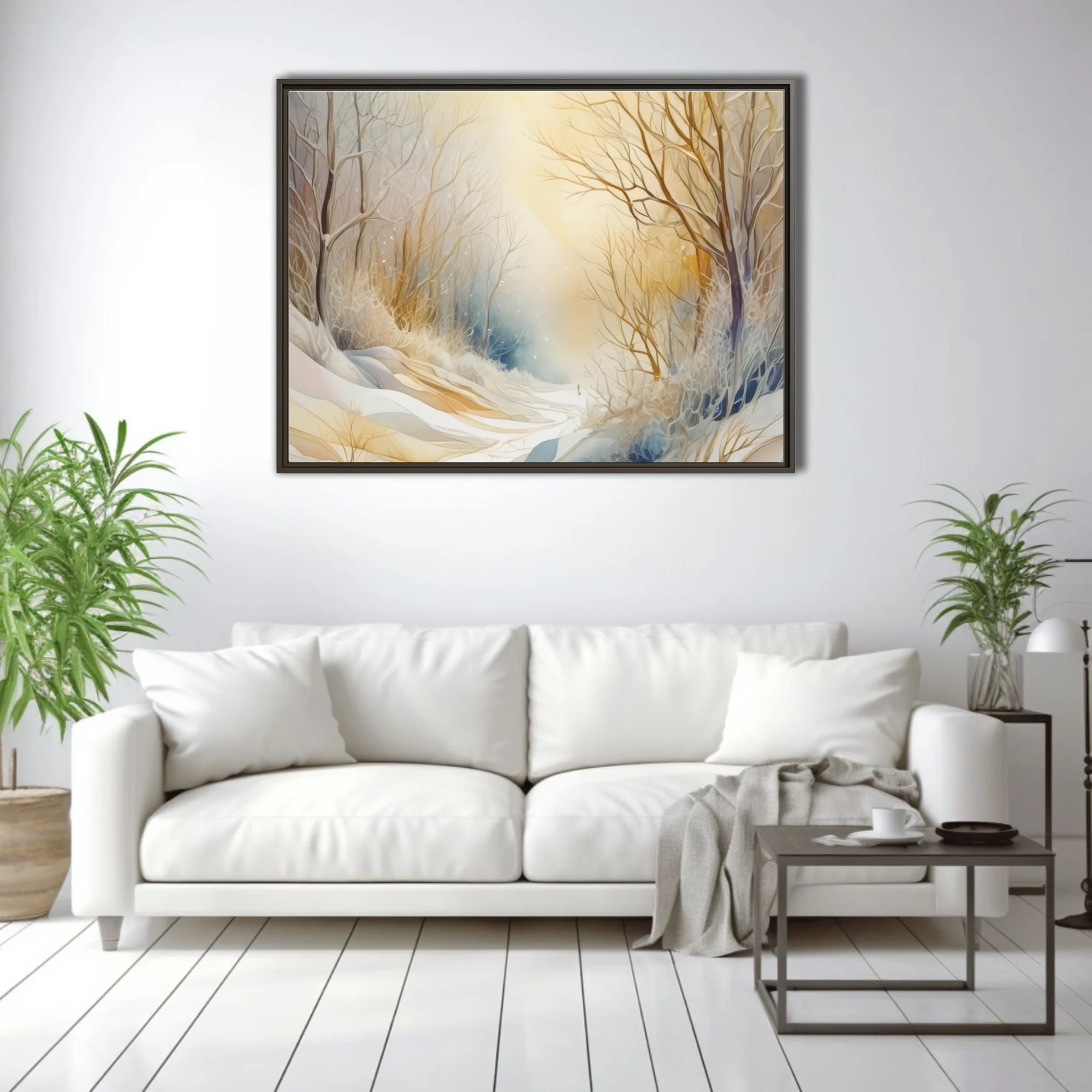 Watercolor-style winter forest with bare branches, golden glow, and snow in soft ivory tones