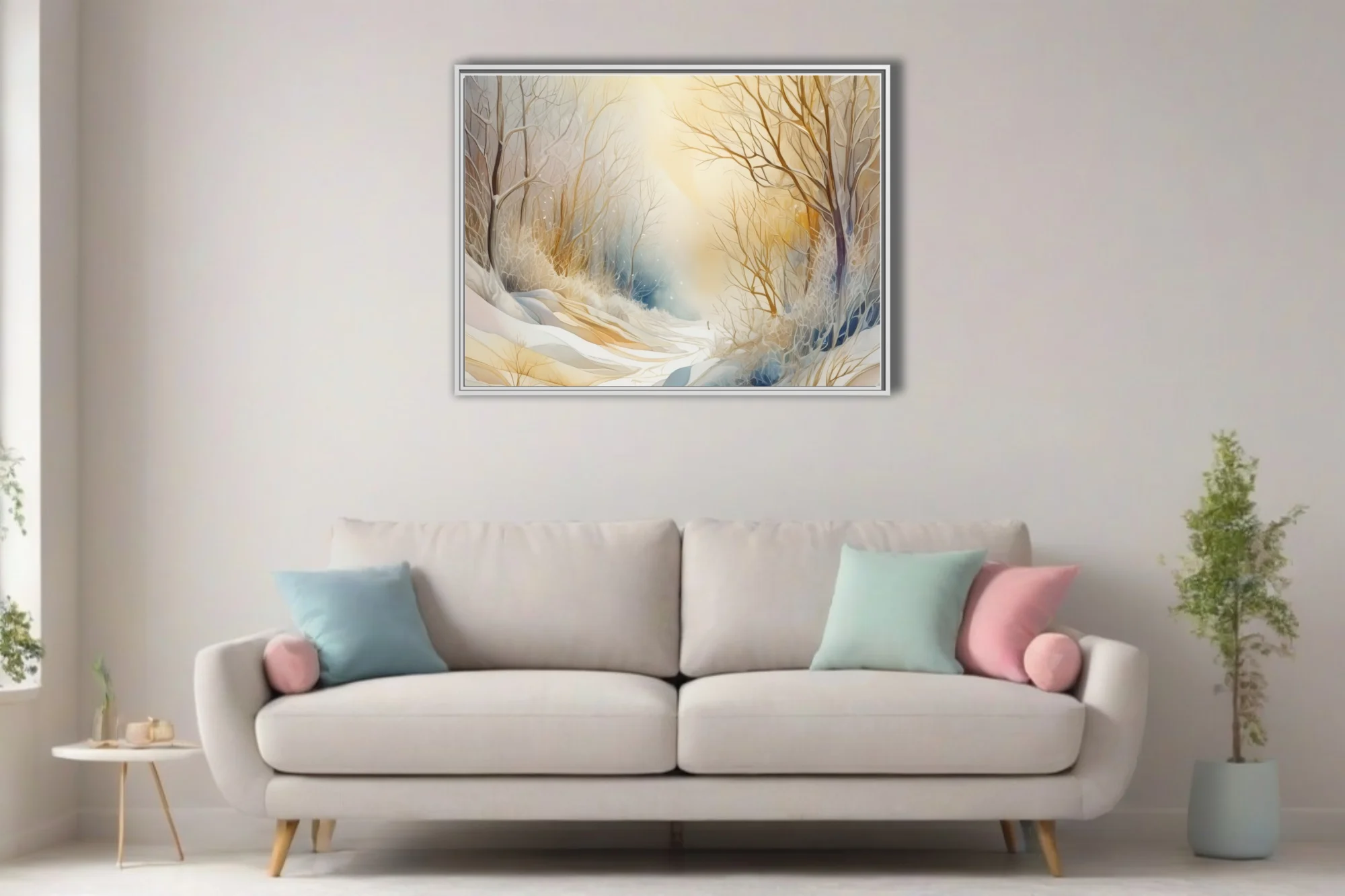 Watercolor-style winter forest with bare branches, golden glow, and snow in soft ivory tones