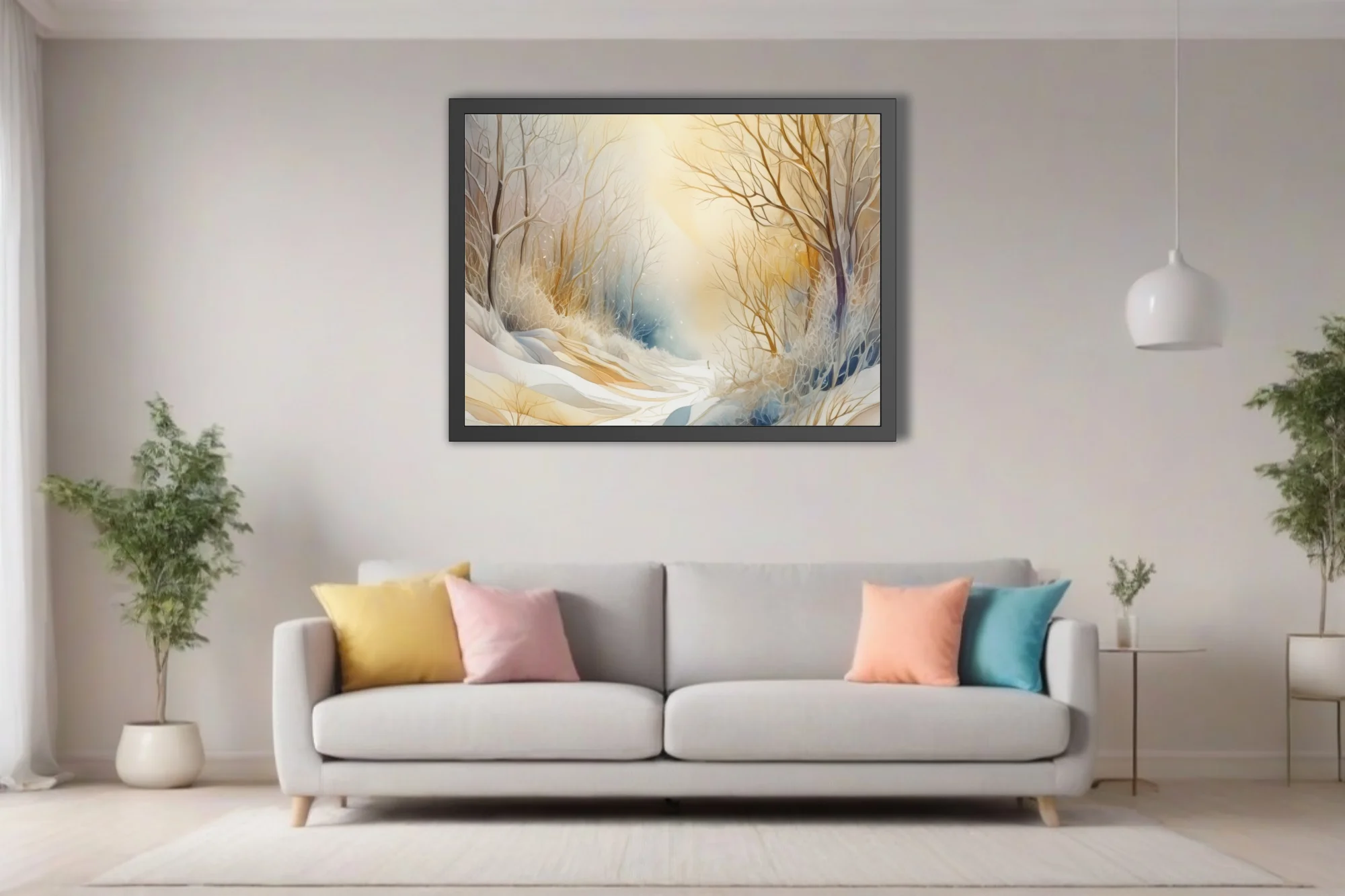 Watercolor-style winter forest with bare branches, golden glow, and snow in soft ivory tones