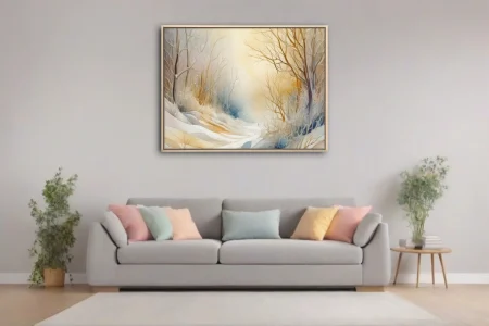 Watercolor-style winter forest with bare branches, golden glow, and snow in soft ivory tones